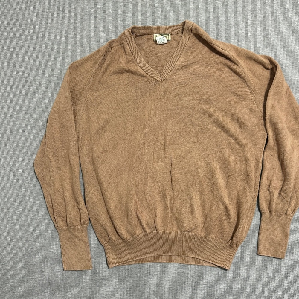 L.L Bean V-Neck Sweater 100% Cotton Vintage M380 Tan Mens Size Large